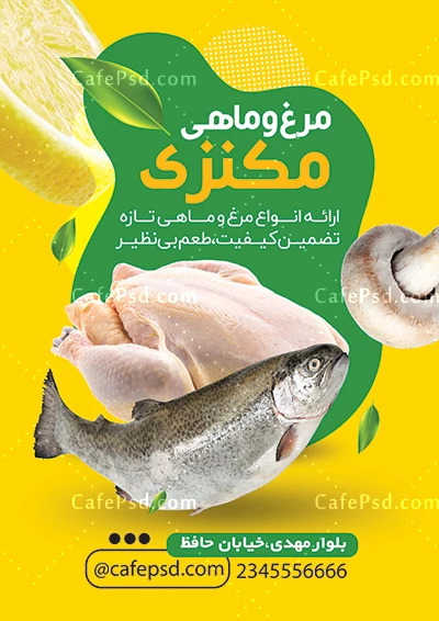 طرح آماده تراکت مرغ فروشی با عکس مرغ و ماهی